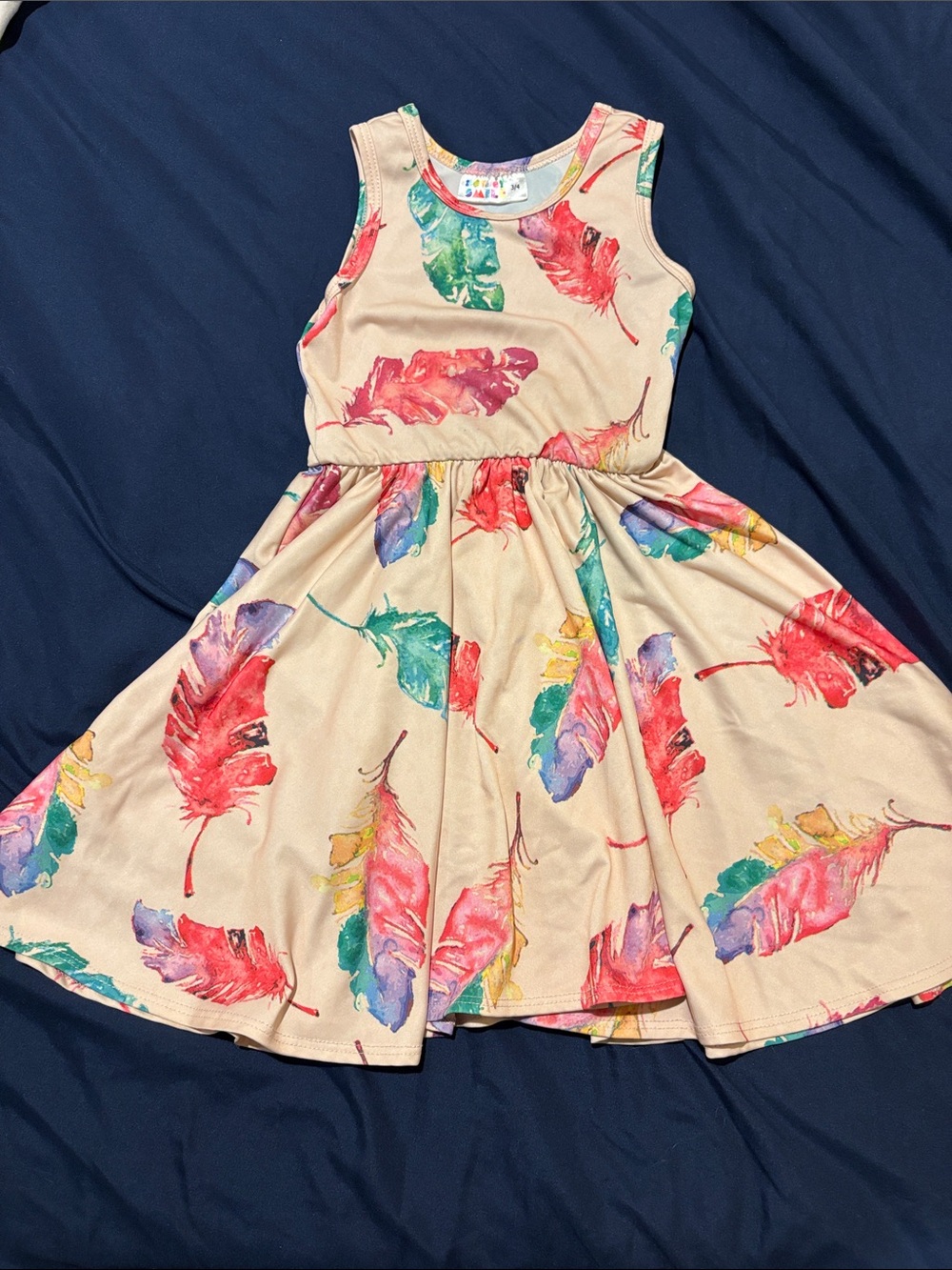 Dot Dot Smile Beige Dress with Multicolor Feather Print